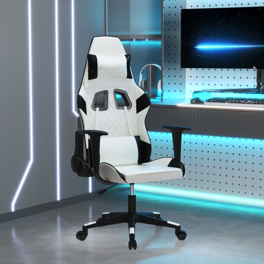 Produktbild för Gamingstol med massage vit och svart konstläder