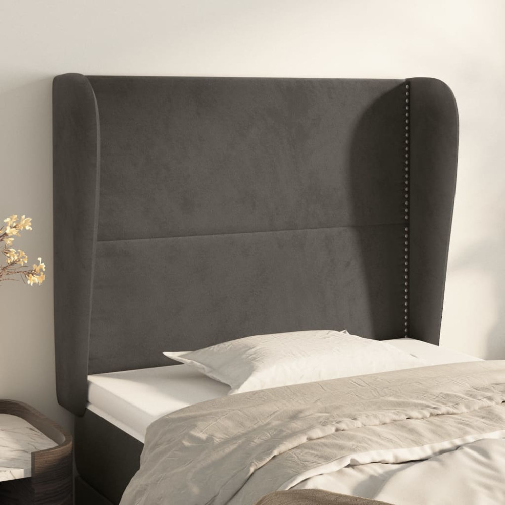 Produktbild för Sänggavel med kanter mörkgrå 103x23x118/128 cm sammet