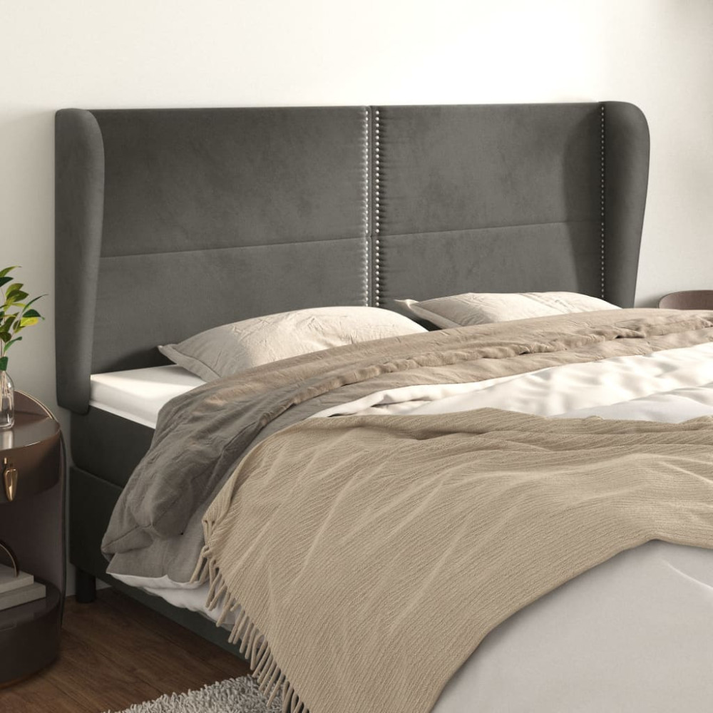 Produktbild för Sänggavel med kanter mörkgrå 203x23x118/128 cm sammet