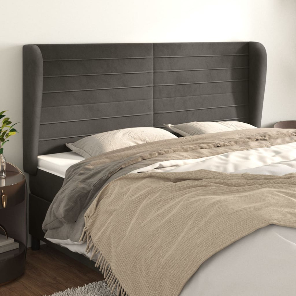 Produktbild för Sänggavel med kanter mörkgrå 163x23x118/128 cm sammet