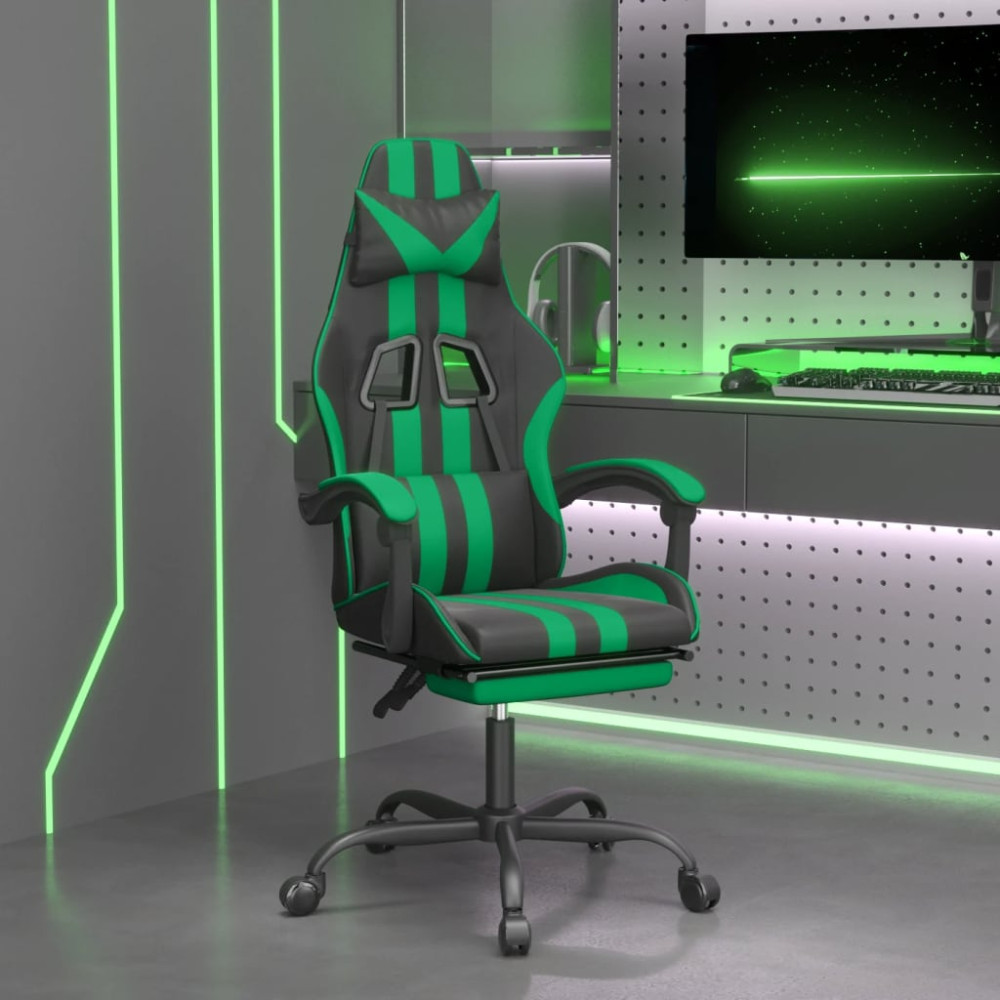 Produktbild för Snurrbar gamingstol med fotstöd svart och grön konstläder