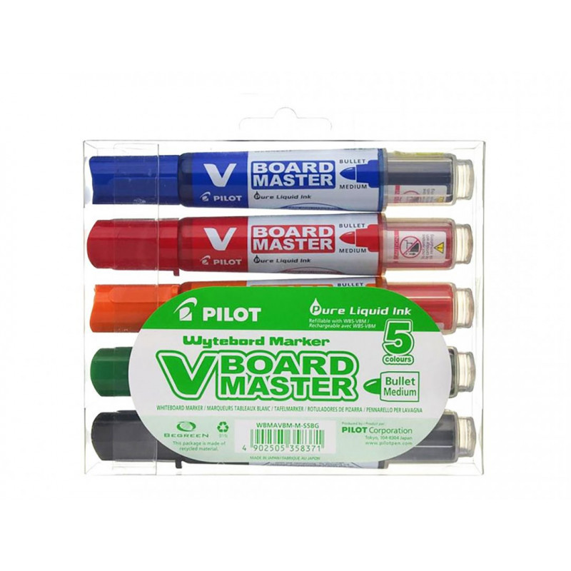 Produktbild för Pilot V-Board Master märkpennor 5 styck Rundad spets Svart, Blå, Grön, Orange, Röd