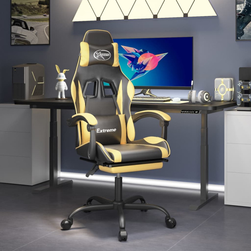 Produktbild för Snurrbar gamingstol med fotstöd svart och guld konstläder