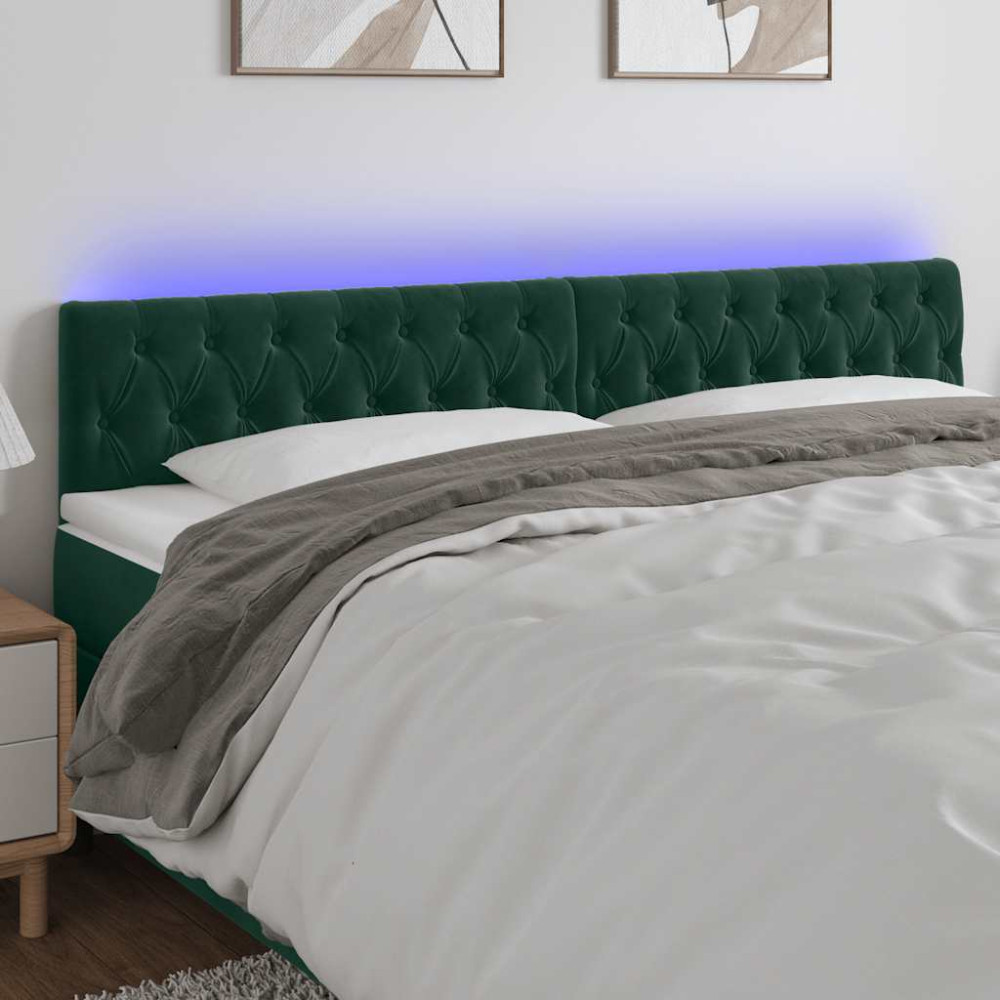 Produktbild för Sänggavel LED mörkgrön 200x7x78/88 cm sammet