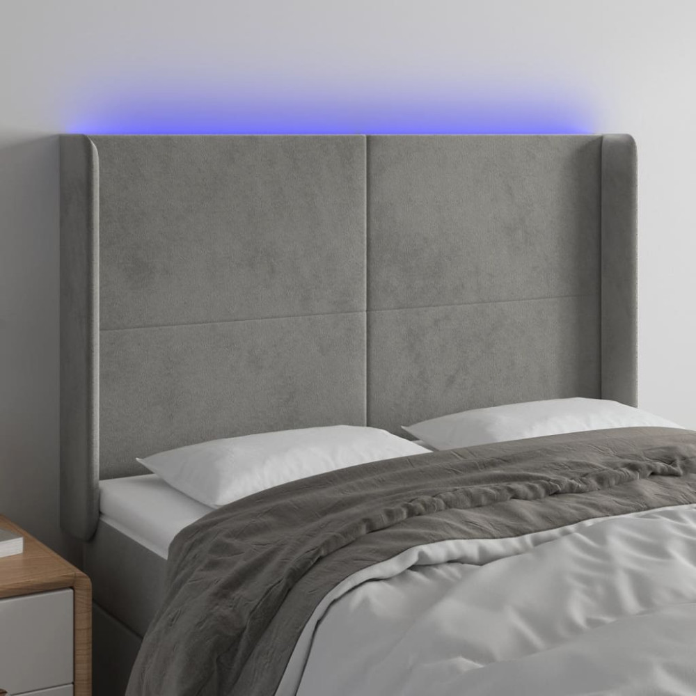 Produktbild för Sänggavel LED ljusgrå 147x16x118/128 cm sammet