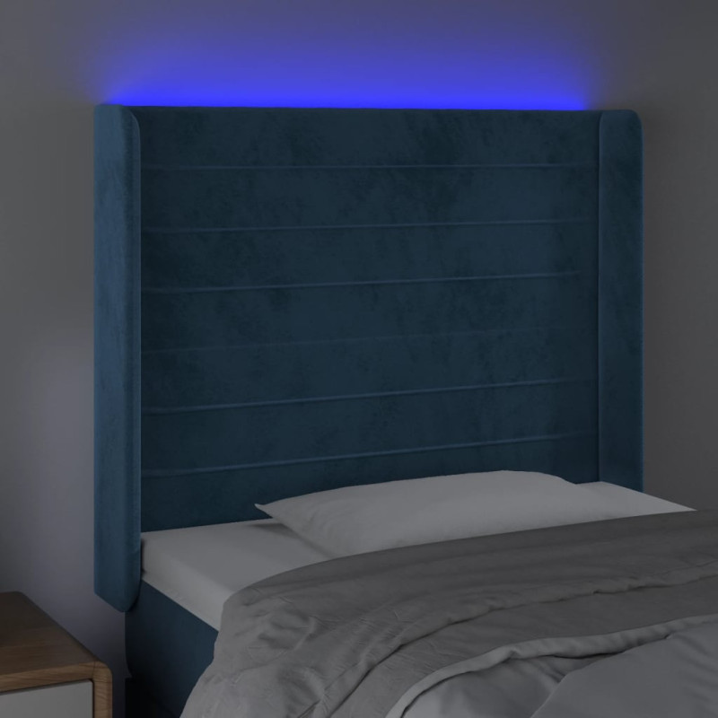 Produktbild för Sänggavel LED mörkblå 103x16x118/128 cm sammet