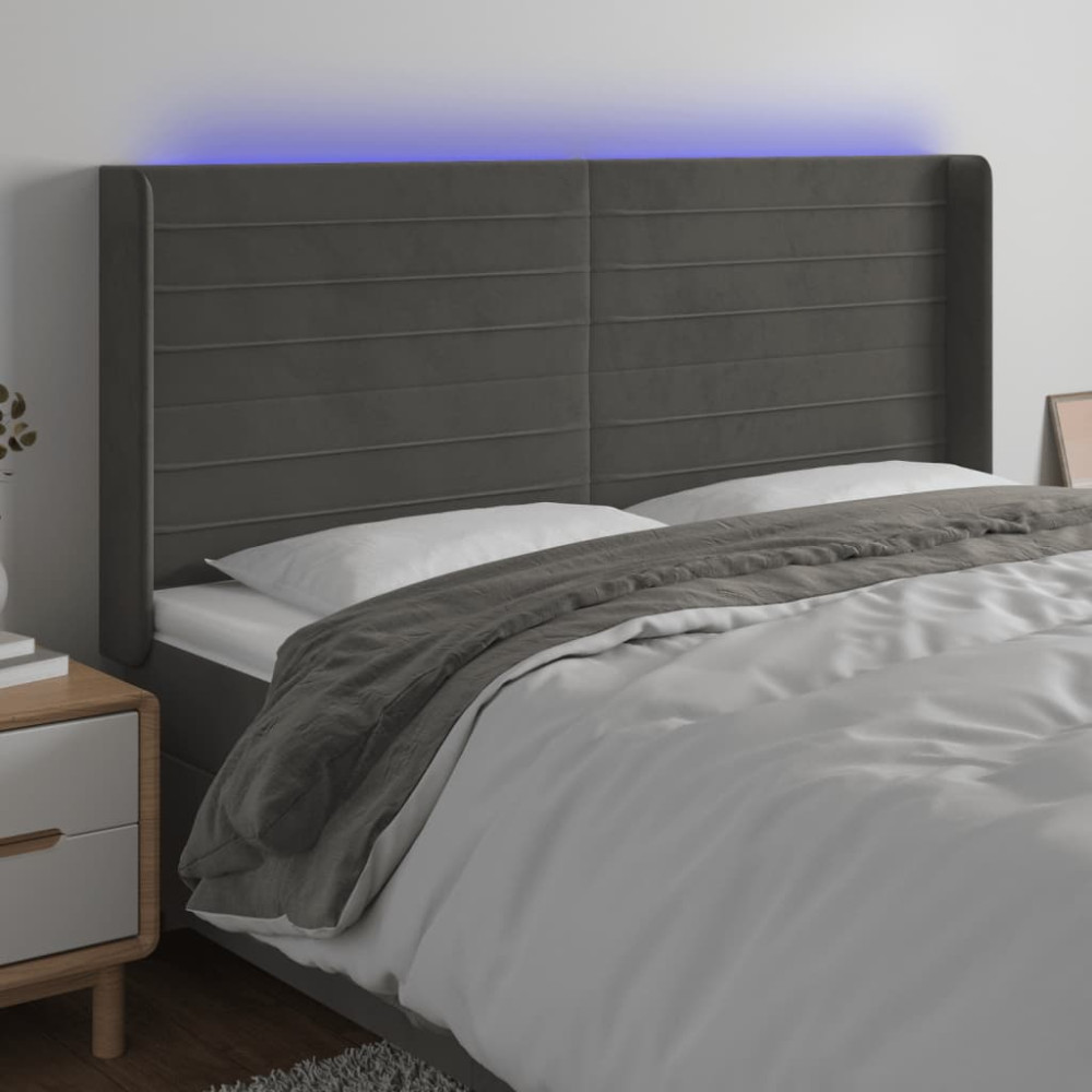 Produktbild för Sänggavel LED mörkgrå 163x16x118/128 cm sammet