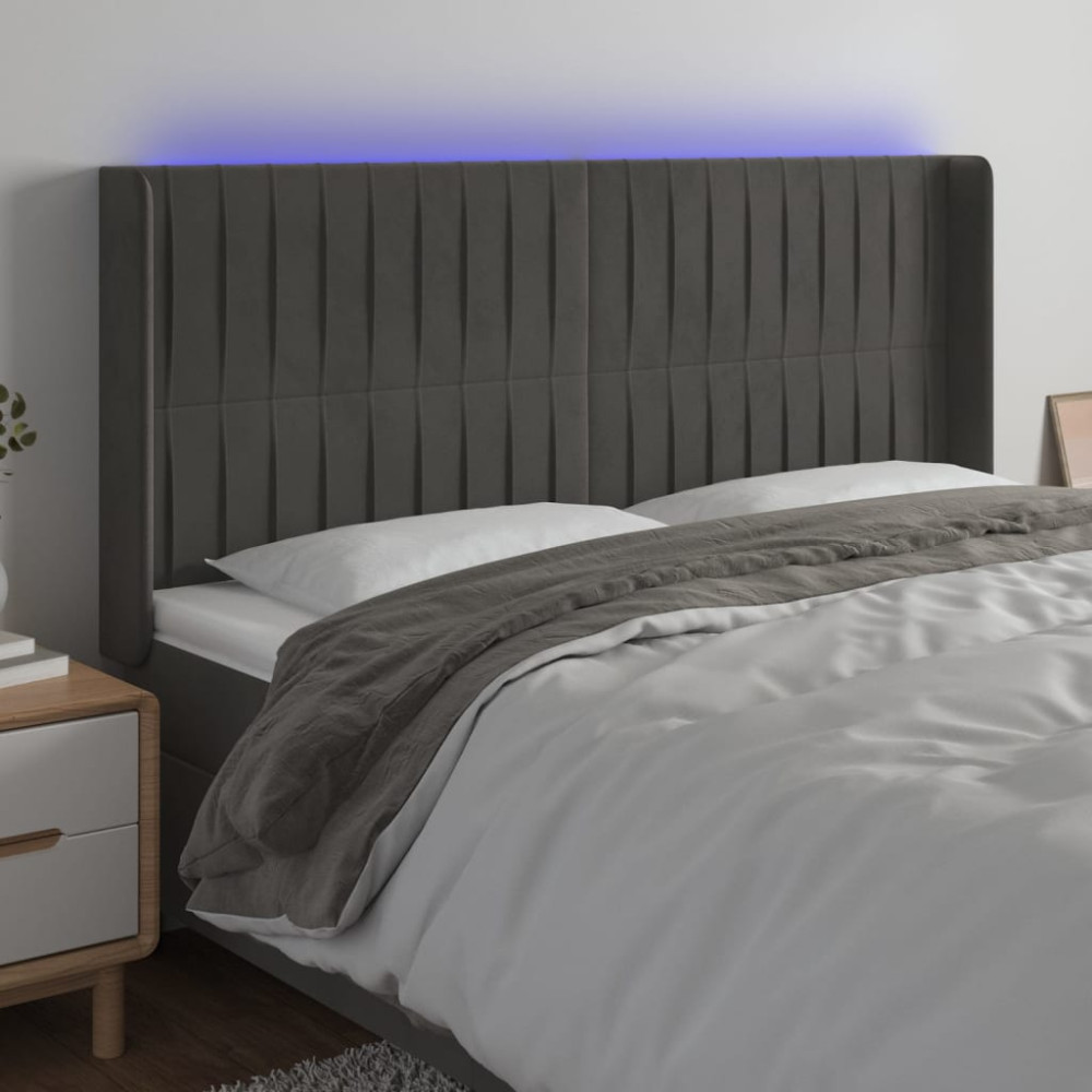 Produktbild för Sänggavel LED mörkgrå 163x16x118/128 cm sammet