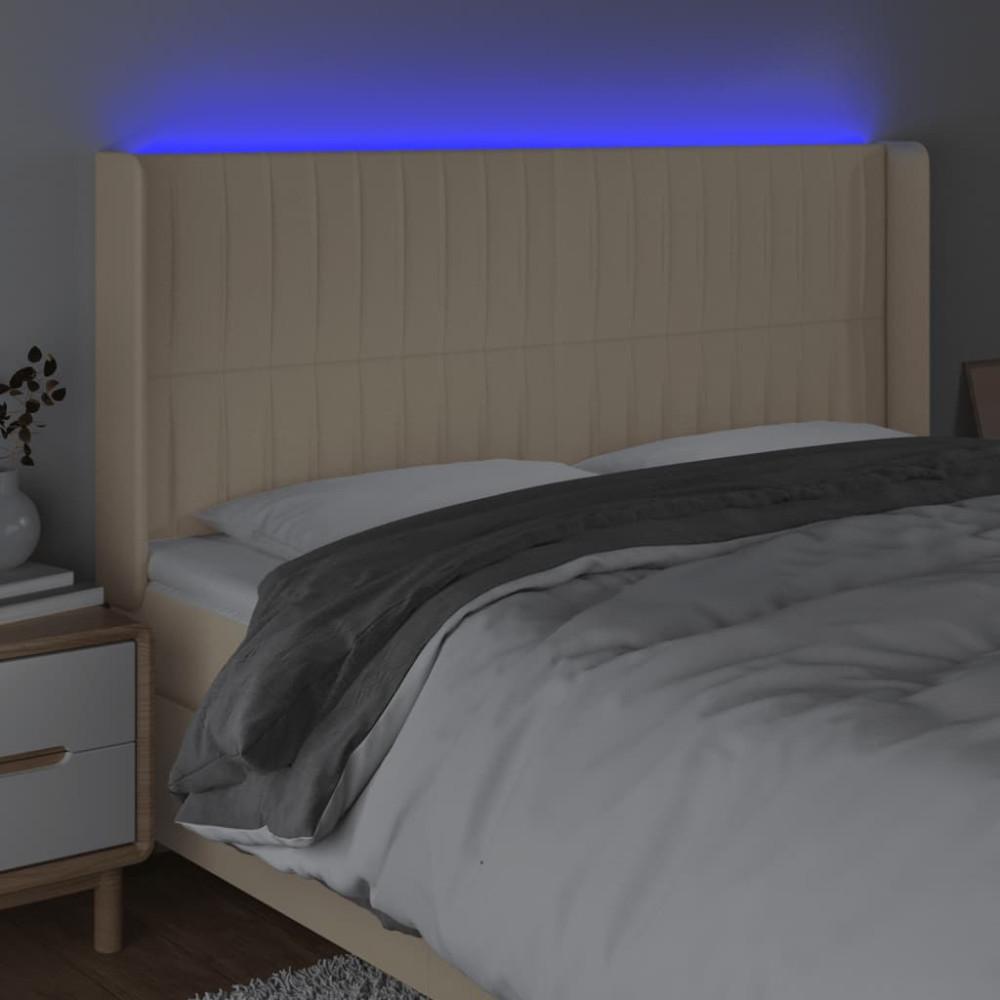 Produktbild för Sänggavel LED gräddvit 163x16x118/128 cm tyg