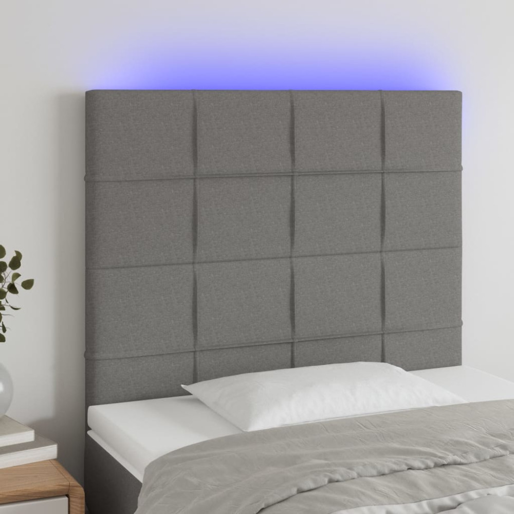 Produktbild för Sänggavel LED mörkgrå 100x5x118/128 cm tyg