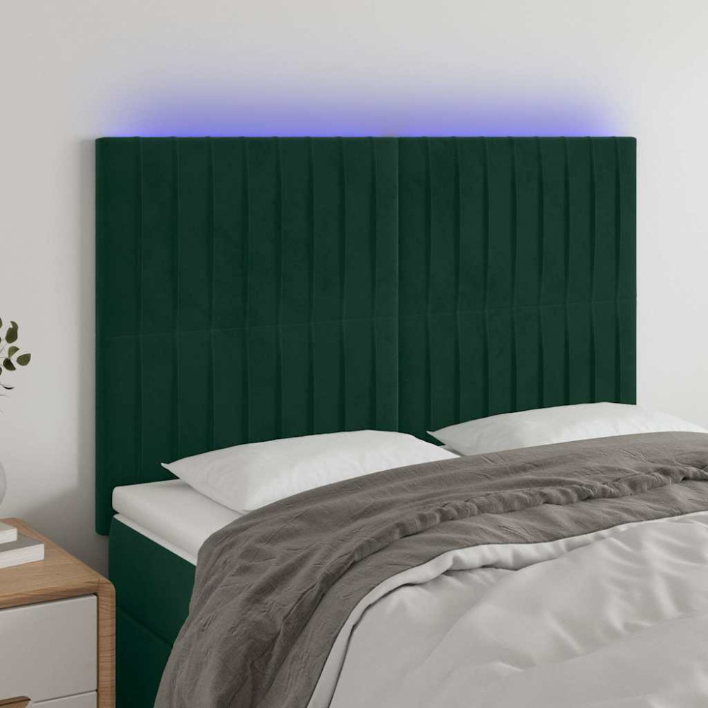 Produktbild för Sänggavel LED mörkgrön 144x5x118/128 cm sammet