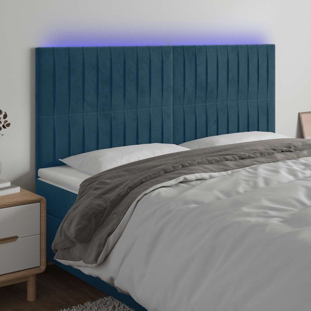 Produktbild för Sänggavel LED mörkblå 180x5x118/128 cm sammet