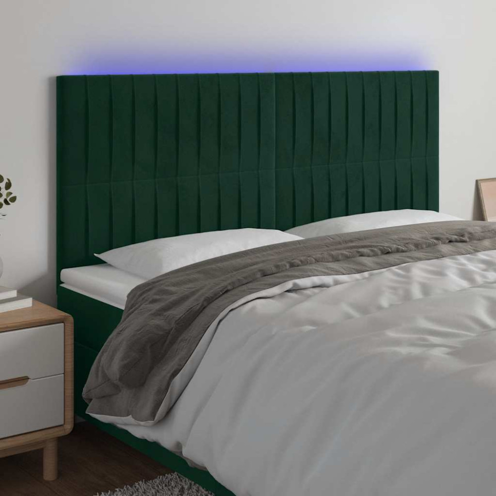 Produktbild för Sänggavel LED mörkgrön 200x5x118/128 cm sammet