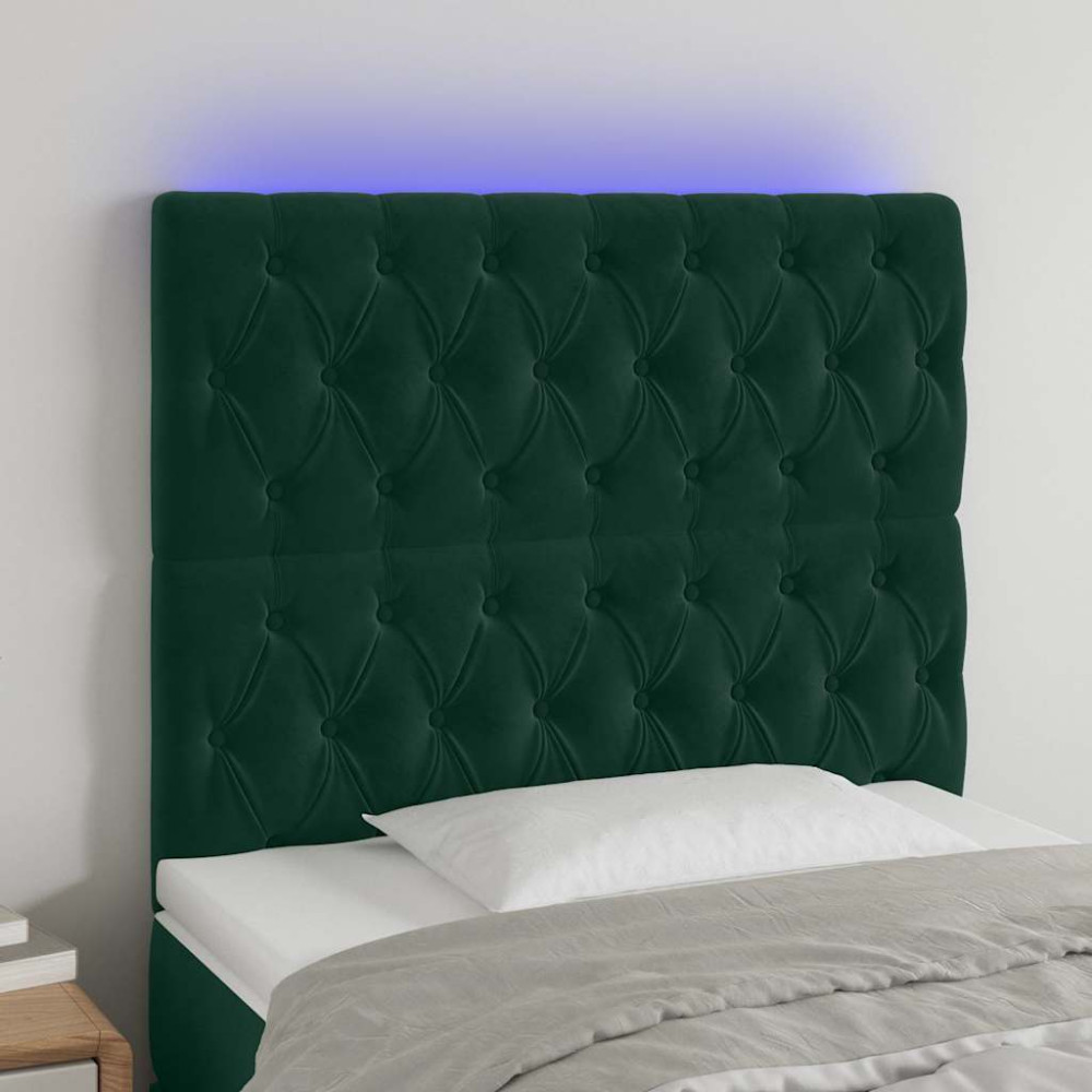 Produktbild för Sänggavel LED mörkgrön 100x7x118/128 cm sammet