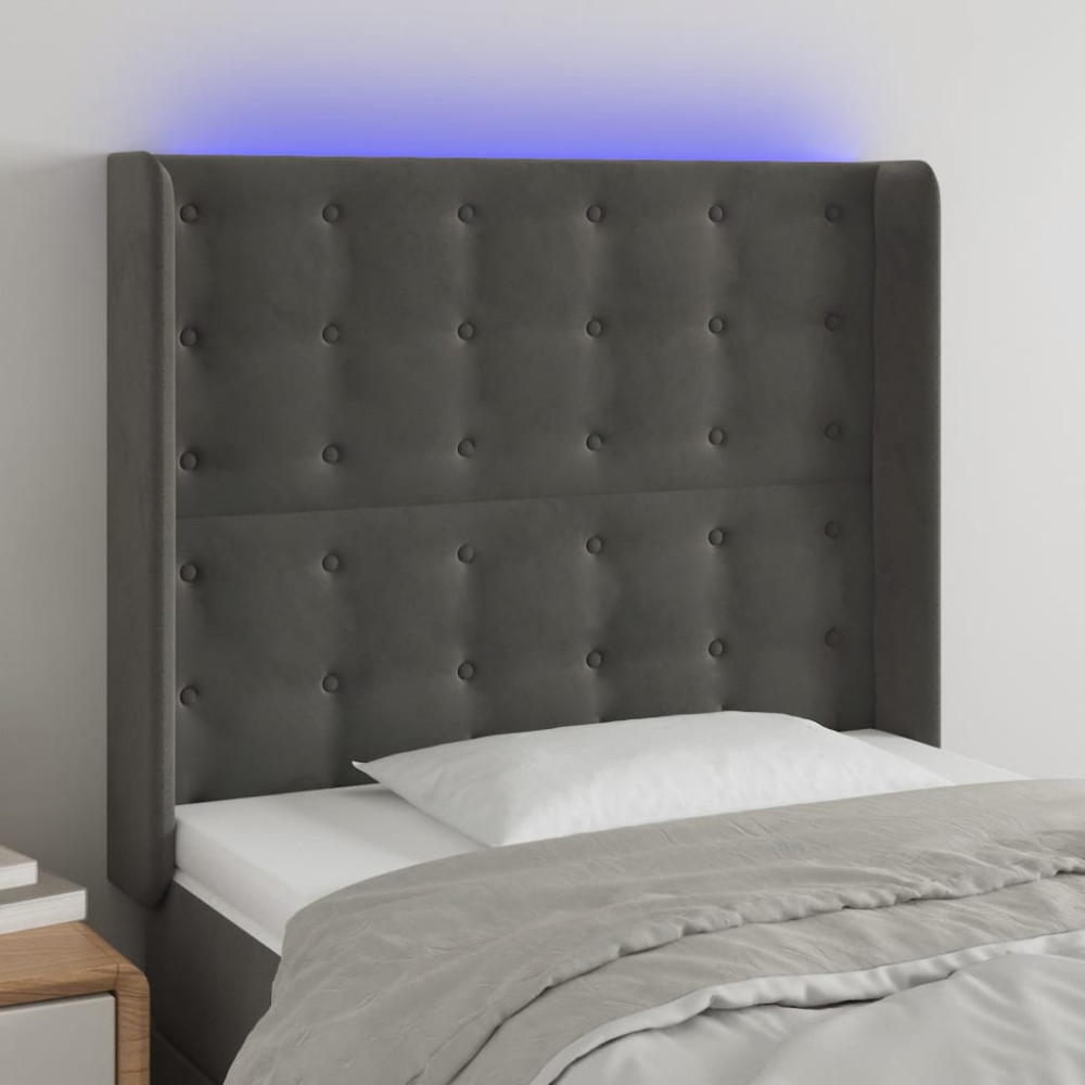 Produktbild för Sänggavel LED mörkgrå 103x16x118/128 cm sammet