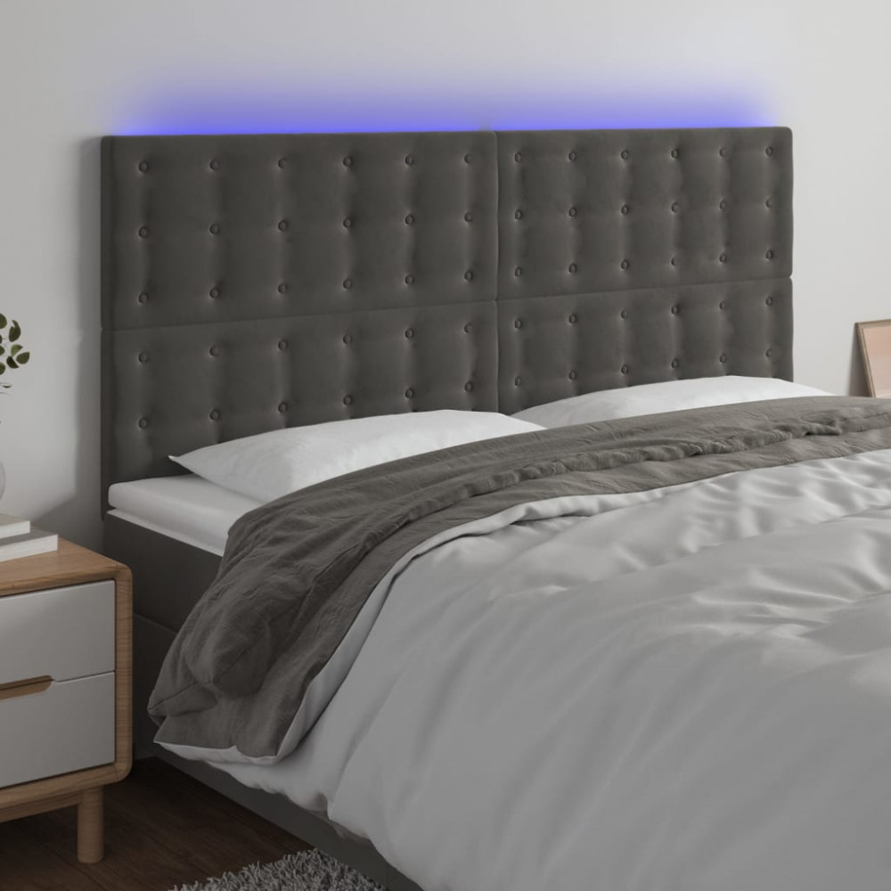 Produktbild för Sänggavel LED mörkgrå 200x5x118/128 cm sammet