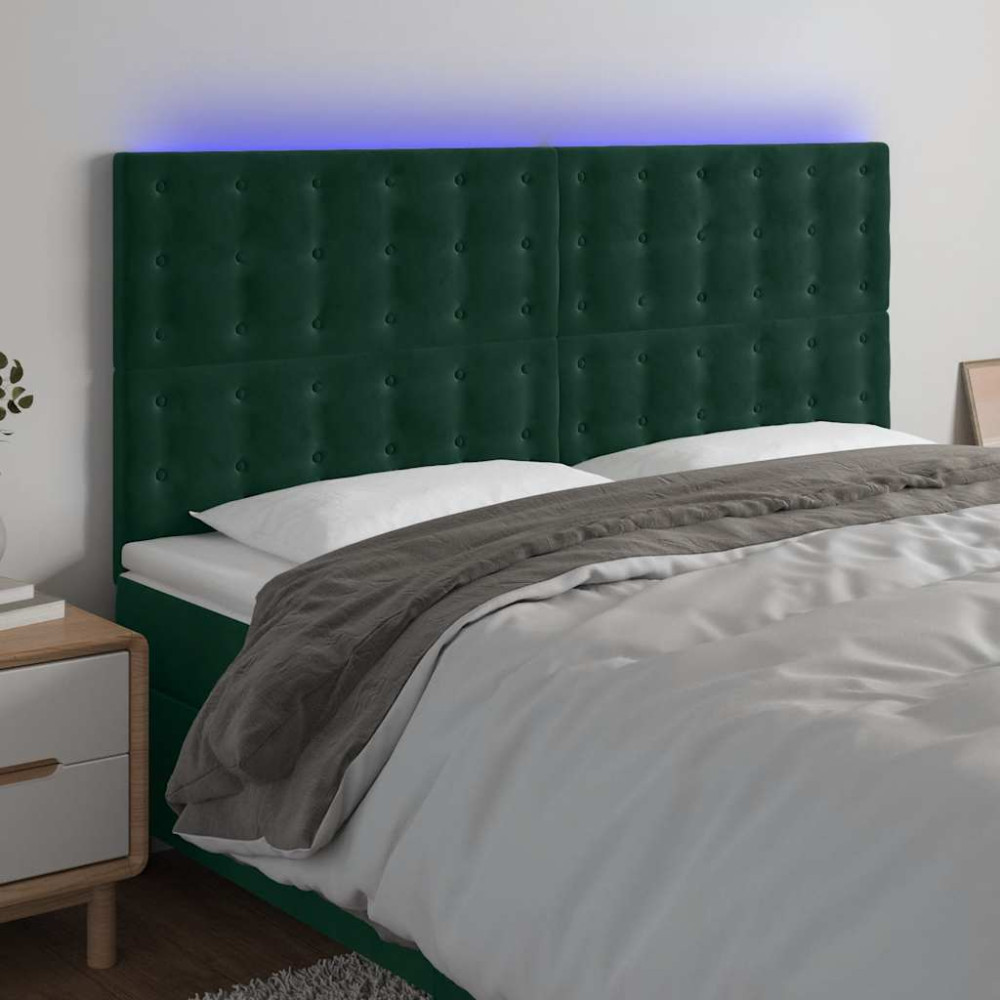 Produktbild för Sänggavel LED mörkgrön 200x5x118/128 cm sammet