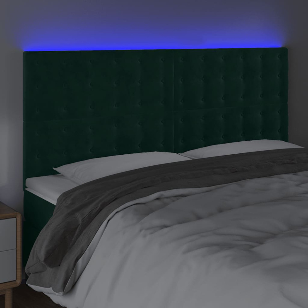 Produktbild för Sänggavel LED mörkgrön 200x5x118/128 cm sammet