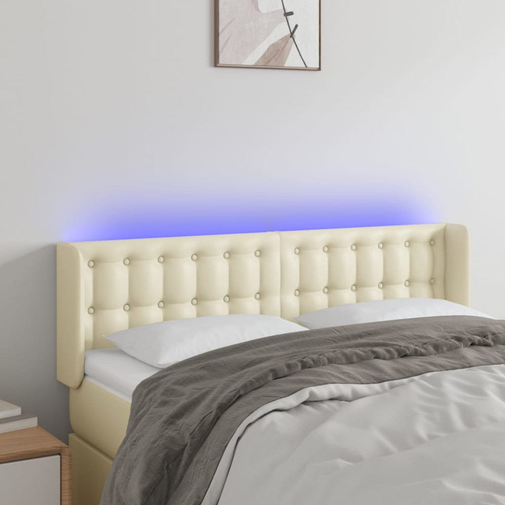 Produktbild för Sänggavel LED gräddvit 147x16x78/88 cm konstläder