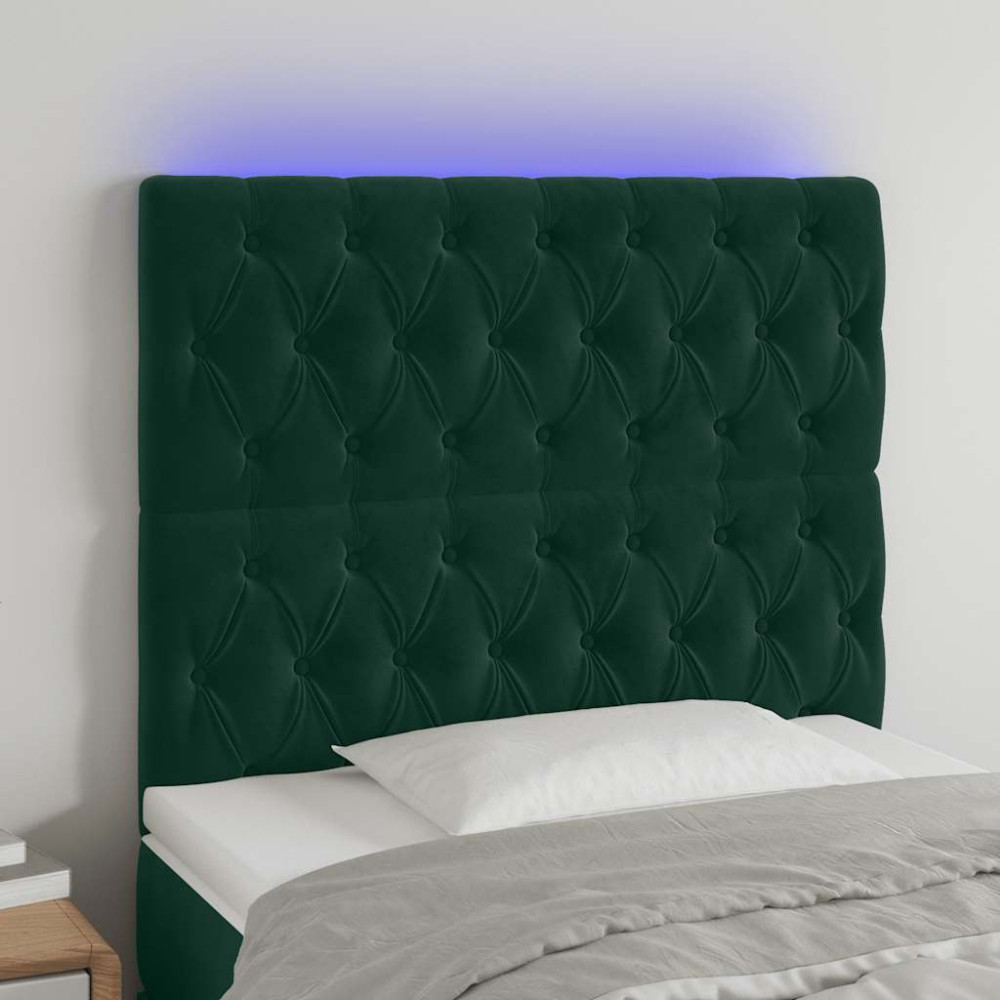 Produktbild för Sänggavel LED mörkgrön 90x7x118/128 cm sammet