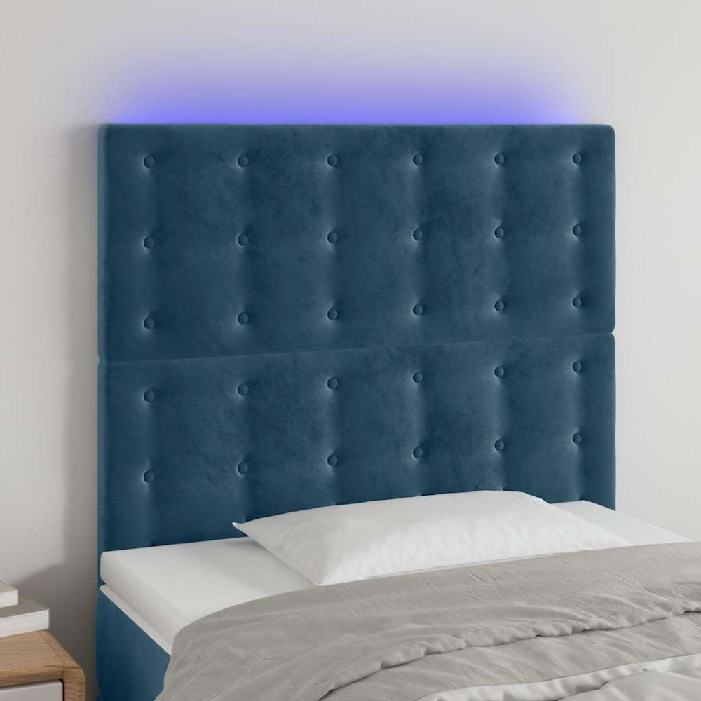 Produktbild för Sänggavel LED mörkblå 90x5x118/128 cm sammet