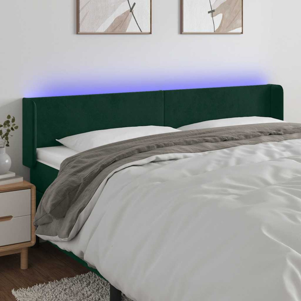 Produktbild för Sänggavel LED mörkgrön 163x16x78/88 cm sammet