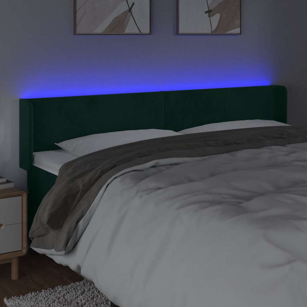 Produktbild för Sänggavel LED mörkgrön 163x16x78/88 cm sammet
