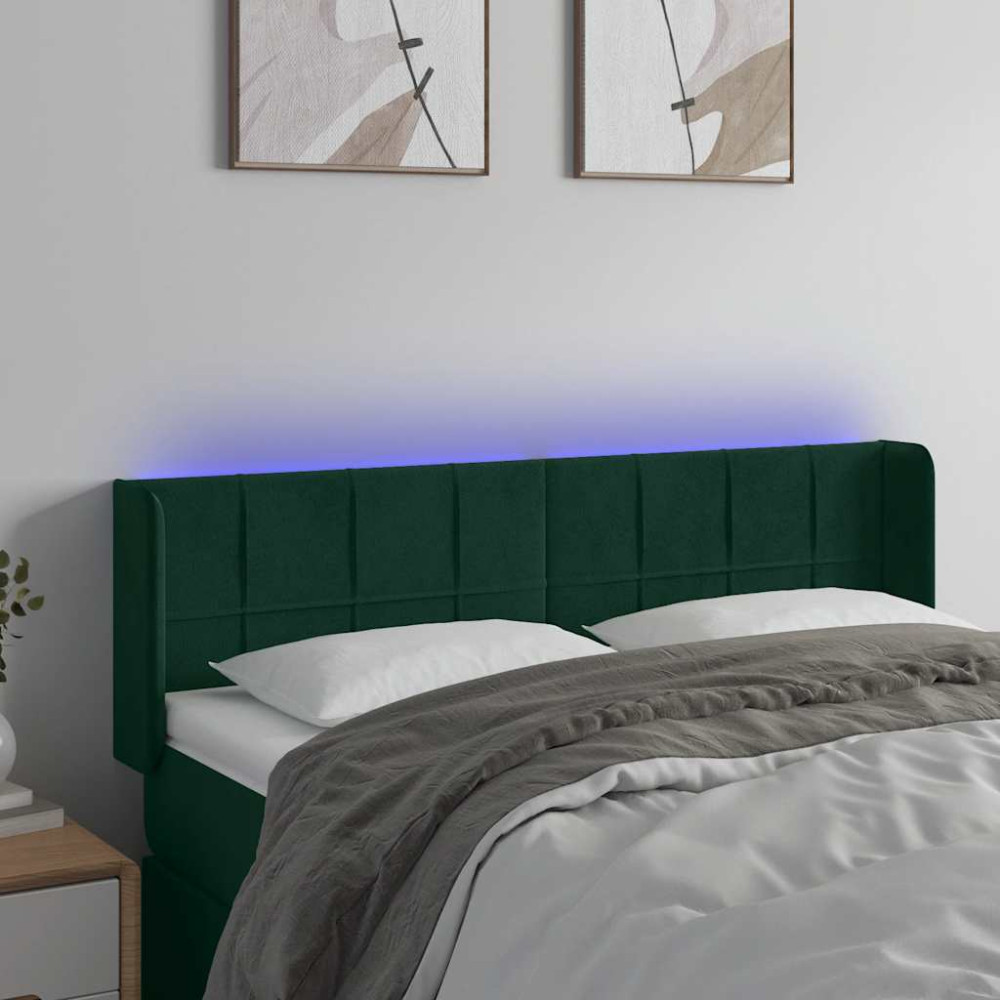 Produktbild för Sänggavel LED mörkgrön 147x16x78/88 cm sammet