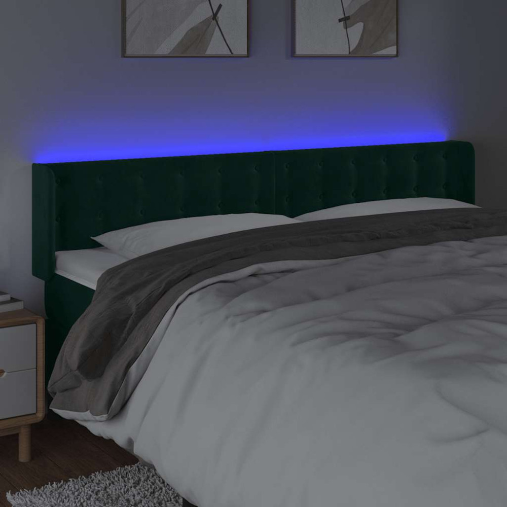 Produktbild för Sänggavel LED mörkgrön 163x16x78/88 cm sammet