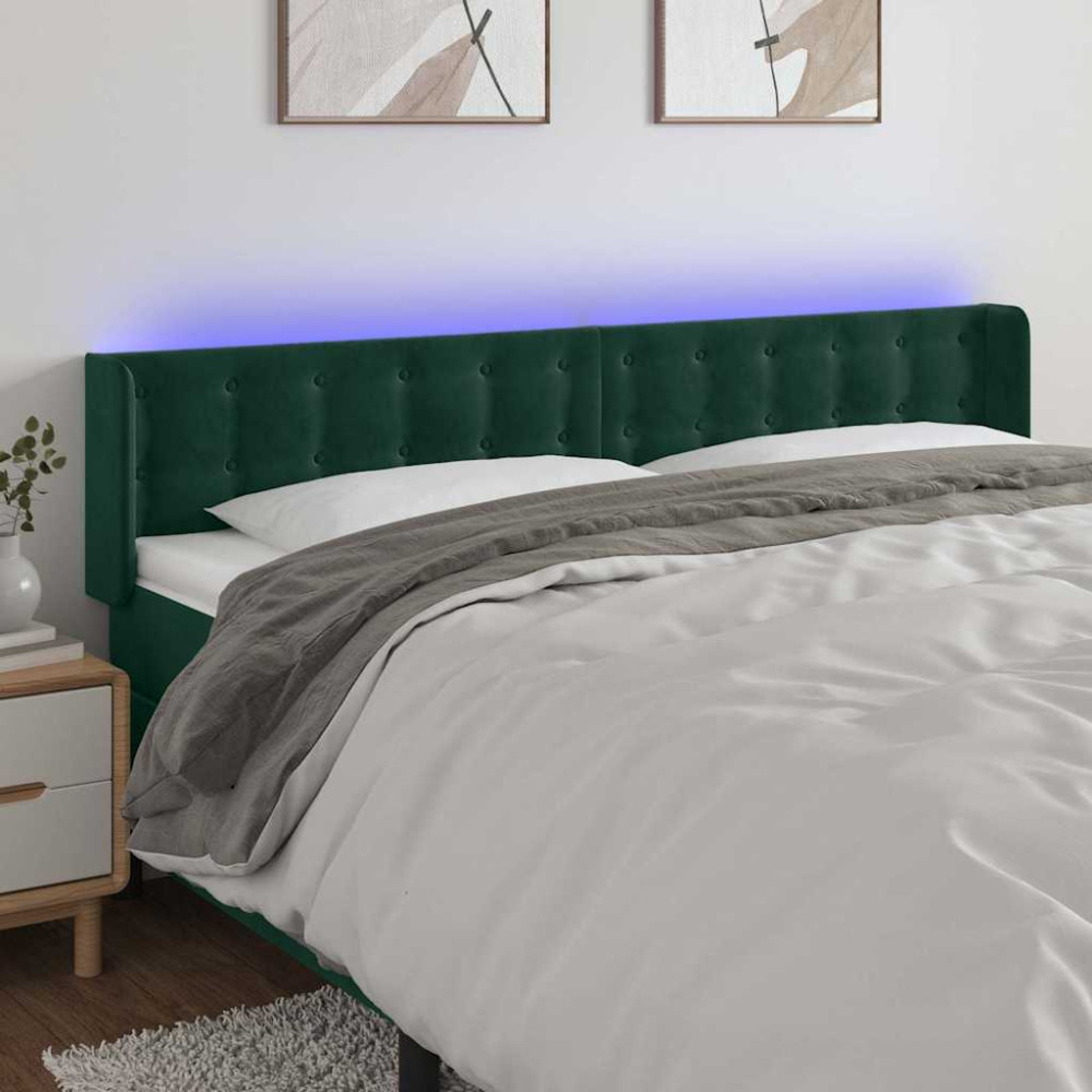 Produktbild för Sänggavel LED mörkgrön 183x16x78/88 cm sammet