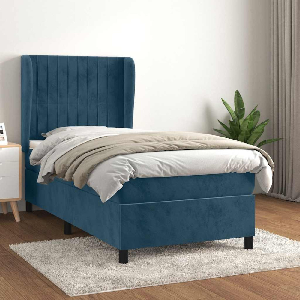 Produktbild för Ramsäng med madrass mörkblå 90x190 cm sammet