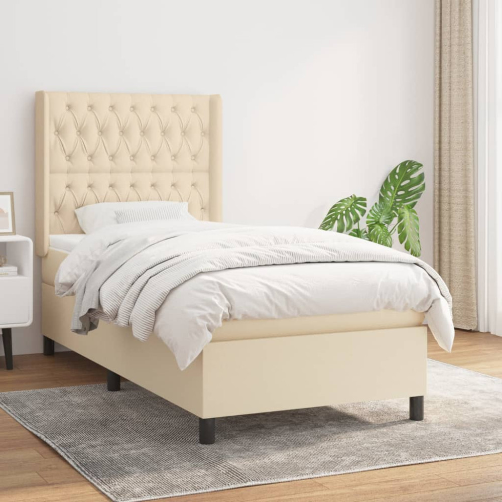 Produktbild för Ramsäng med madrass gräddvit 90x190 cm tyg