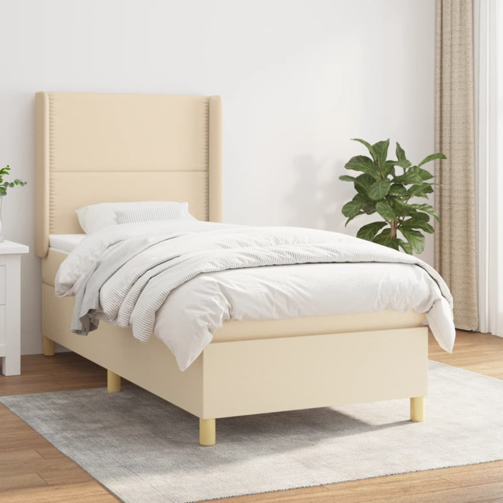 Produktbild för Ramsäng med madrass gräddvit 90x190 cm tyg