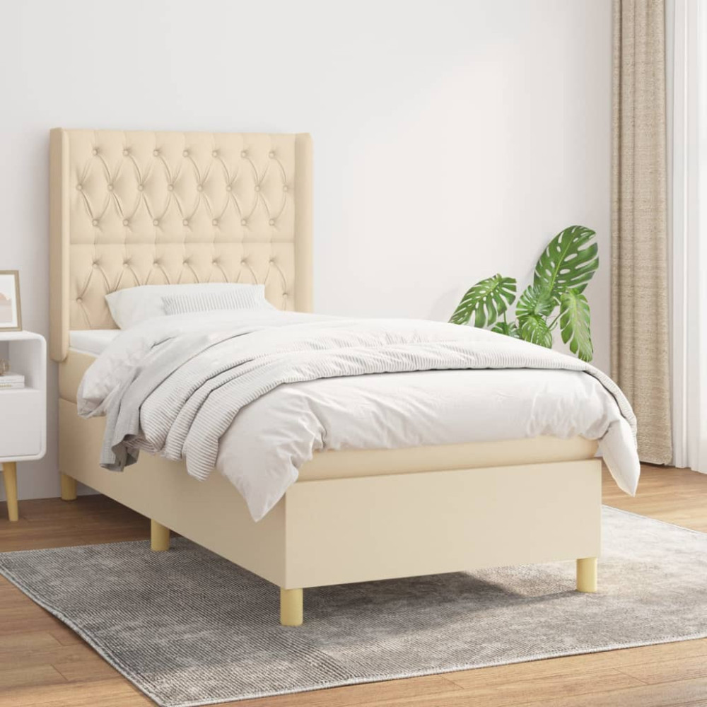 Produktbild för Ramsäng med madrass gräddvit 90x200 cm tyg