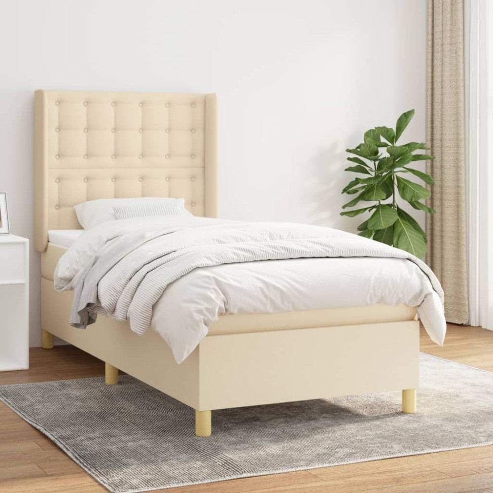 Produktbild för Ramsäng med madrass gräddvit 90x200 cm tyg