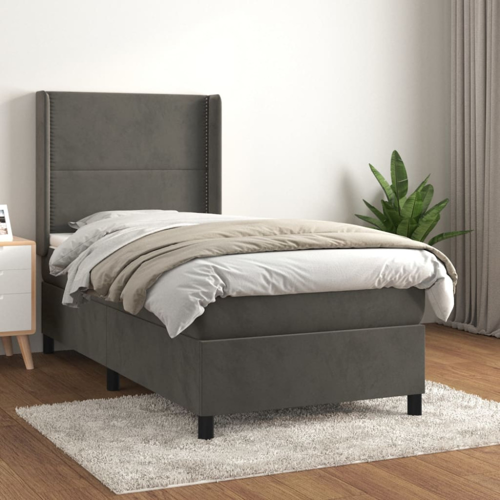 Produktbild för Ramsäng med madrass mörkgrå 90x190 cm sammet