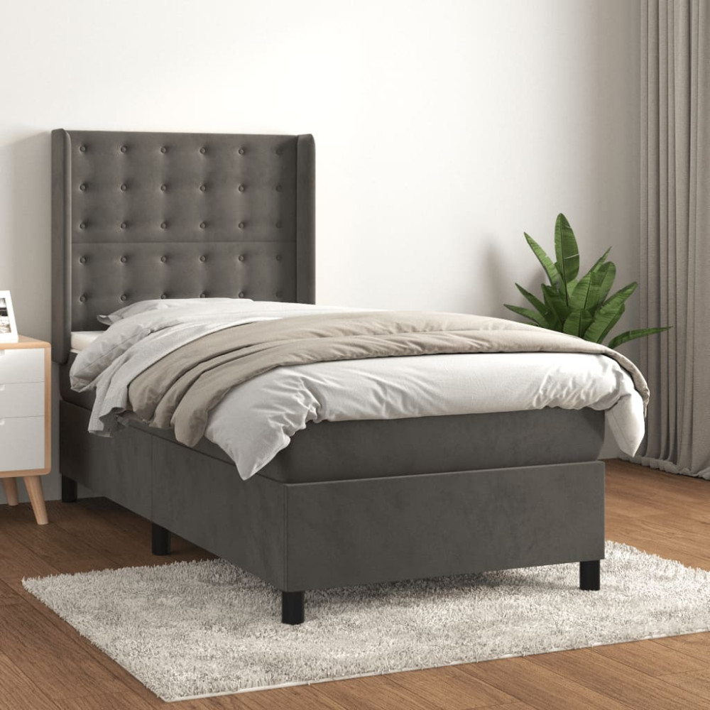 Produktbild för Ramsäng med madrass mörkgrå 90x190 cm sammet