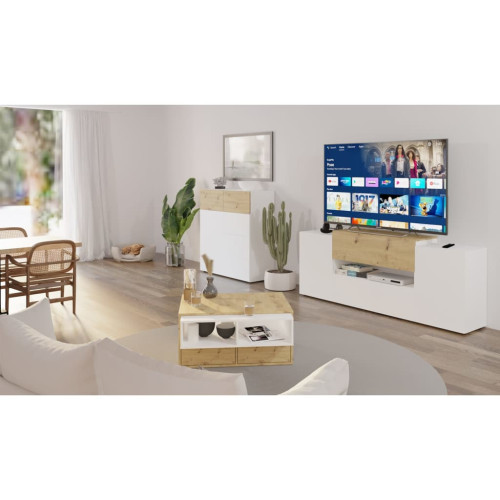 FMD FMD Tv-/HiFi-bänk 182x33x70,2 cm vit och ek