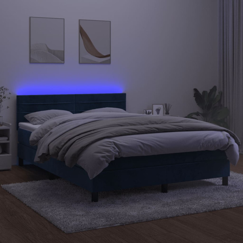 Produktbild för Ramsäng med madrass & LED mörkblå 140x200 cm sammet
