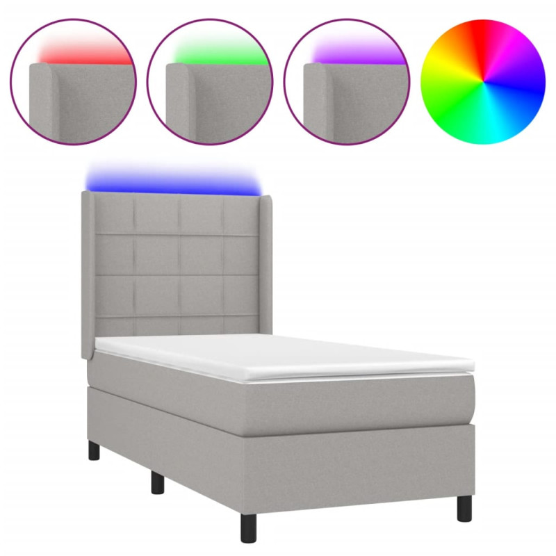 Produktbild för Ramsäng med madrass & LED ljusgrå 90x190 cm tyg