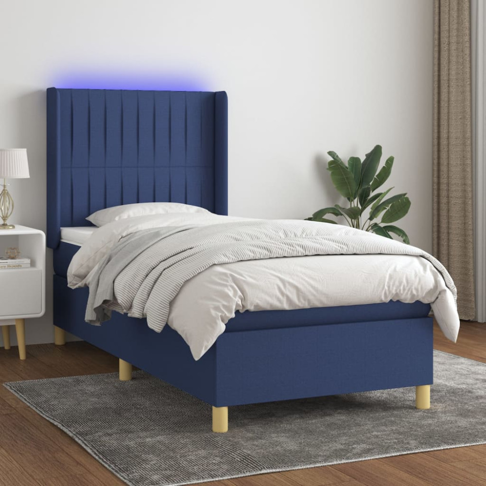 Produktbild för Ramsäng med madrass & LED blå 90x200 cm tyg