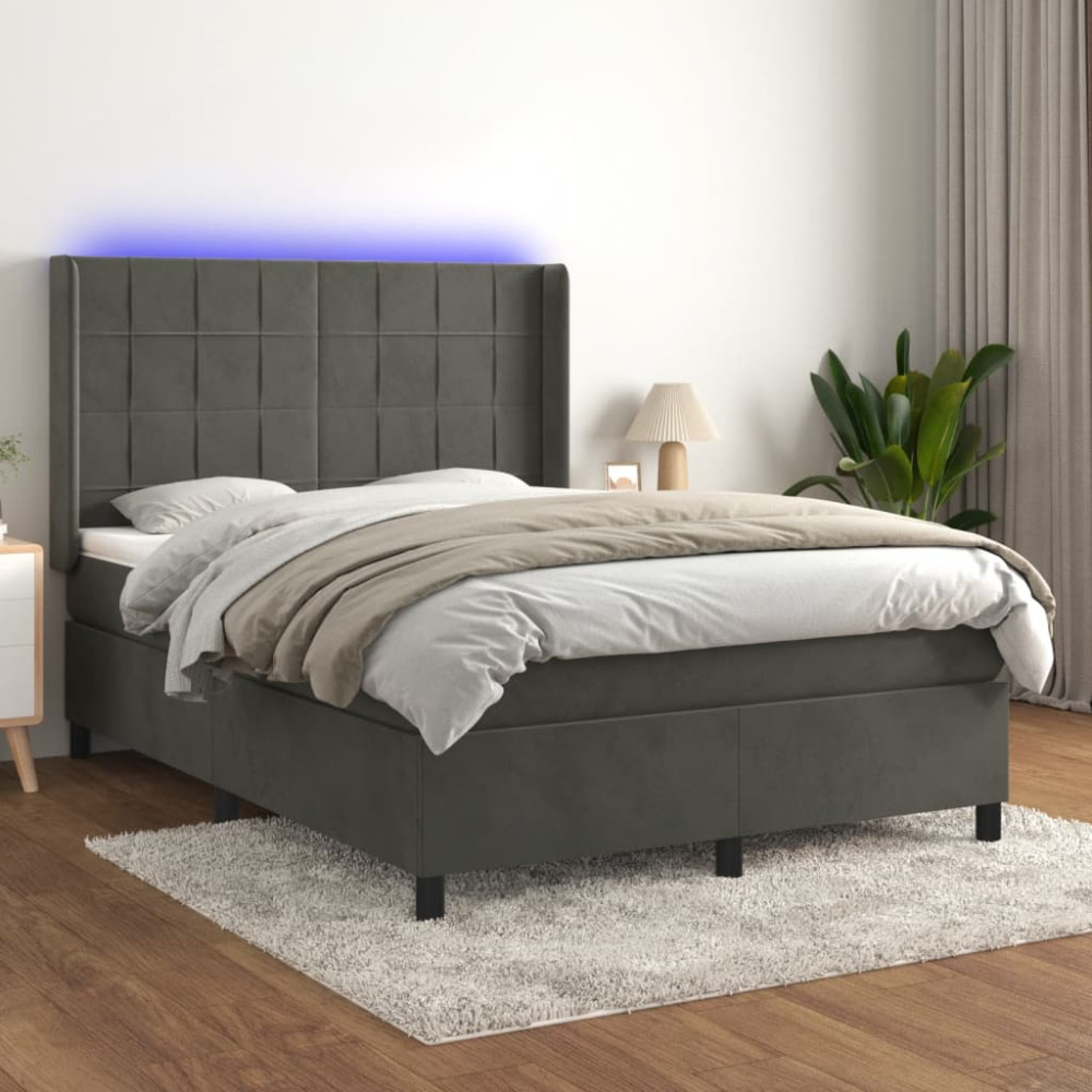 Produktbild för Ramsäng med madrass & LED mörkgrå 140x190 cm sammet