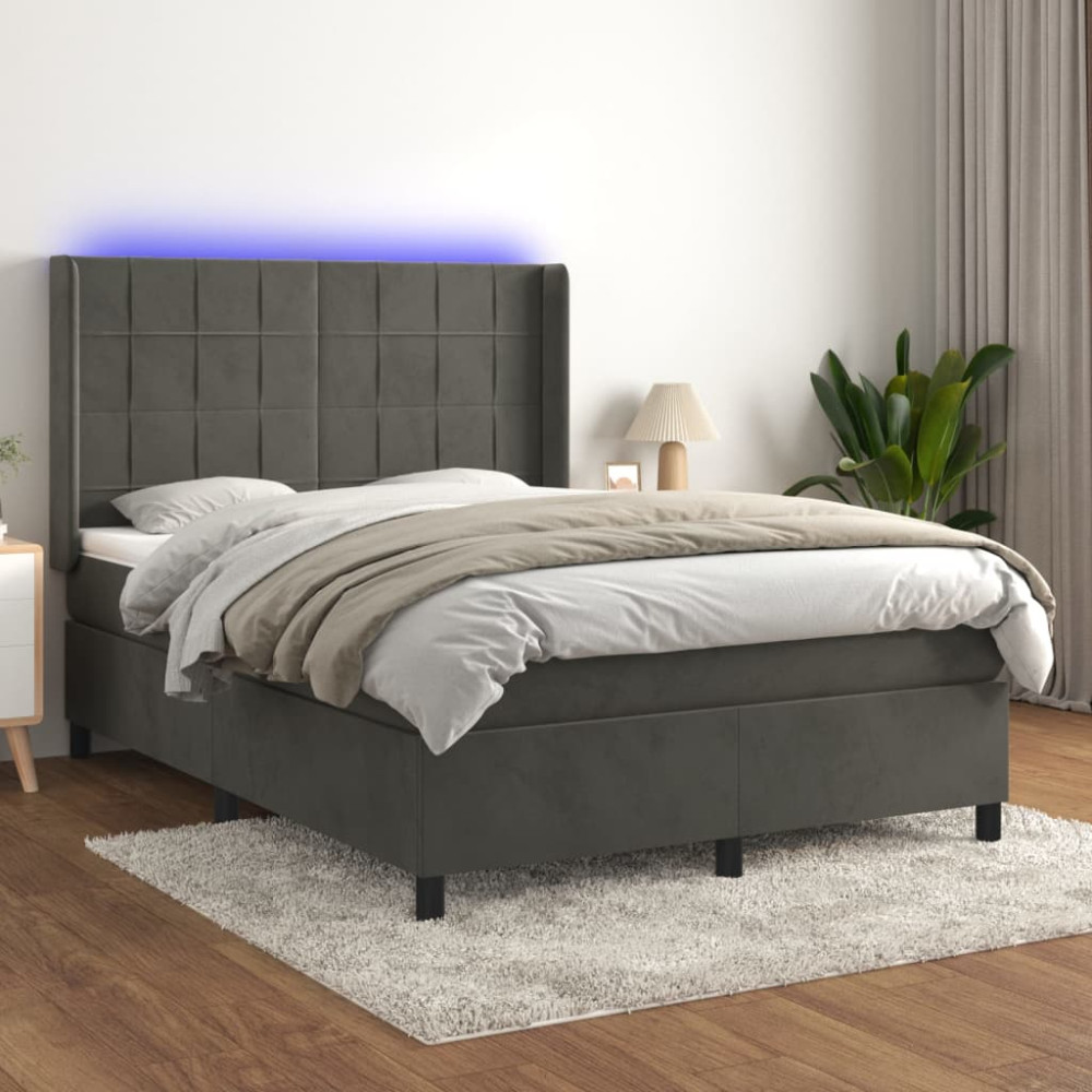 Produktbild för Ramsäng med madrass & LED mörkgrå 140x200 cm sammet