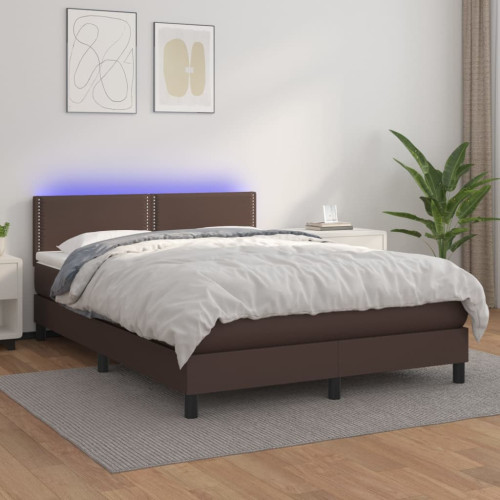 vidaXL Ramsäng med madrass & LED brun 140x200 cm konstläder
