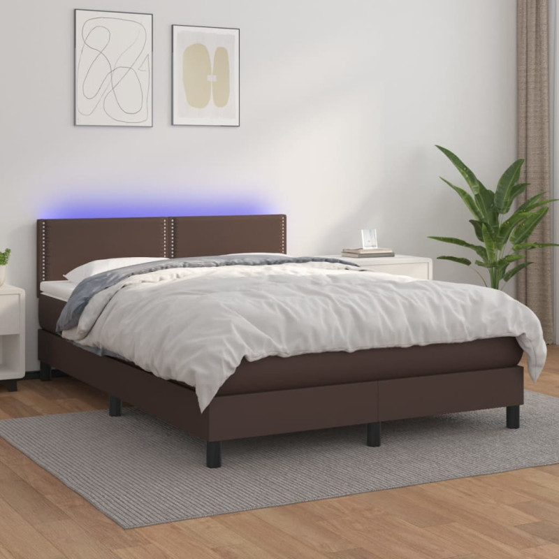 Produktbild för Ramsäng med madrass & LED brun 140x200 cm konstläder