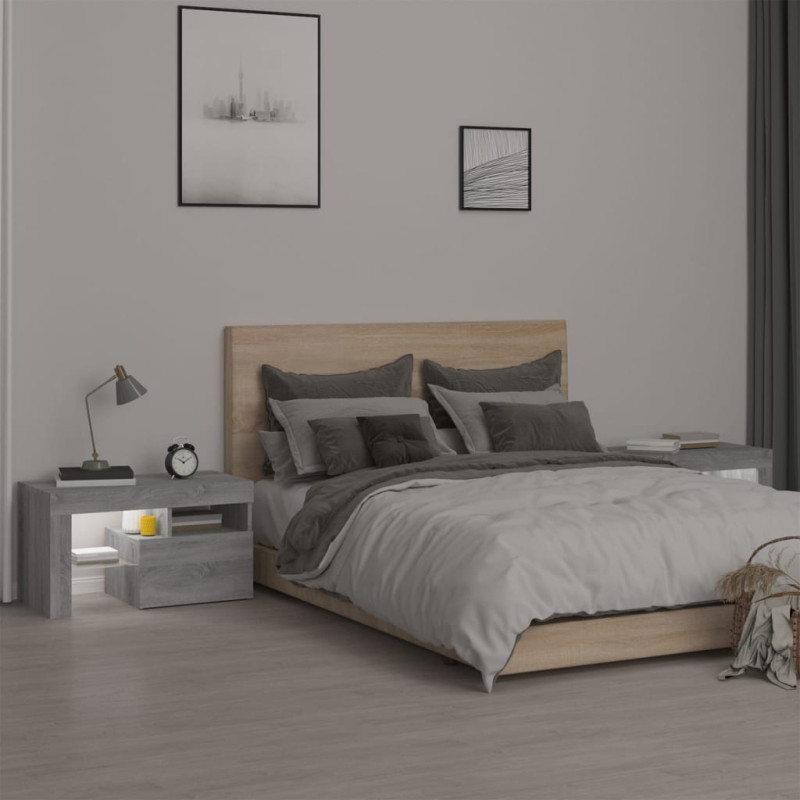 Produktbild för Sängbord 2 st med LED-belysning grå sonoma 70x36,5x 40 cm