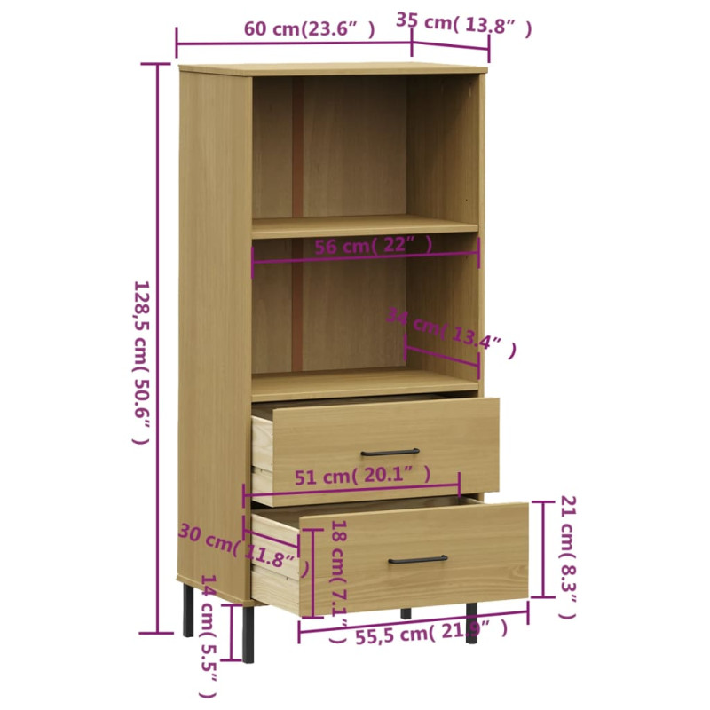Produktbild för Bokhylla med 2 lådor OSLO brun 60x35x128,5 cm massivt trä