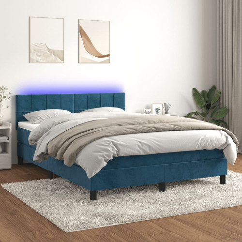 vidaXL Ramsäng med madrass & LED mörkblå 140x190 cm sammet