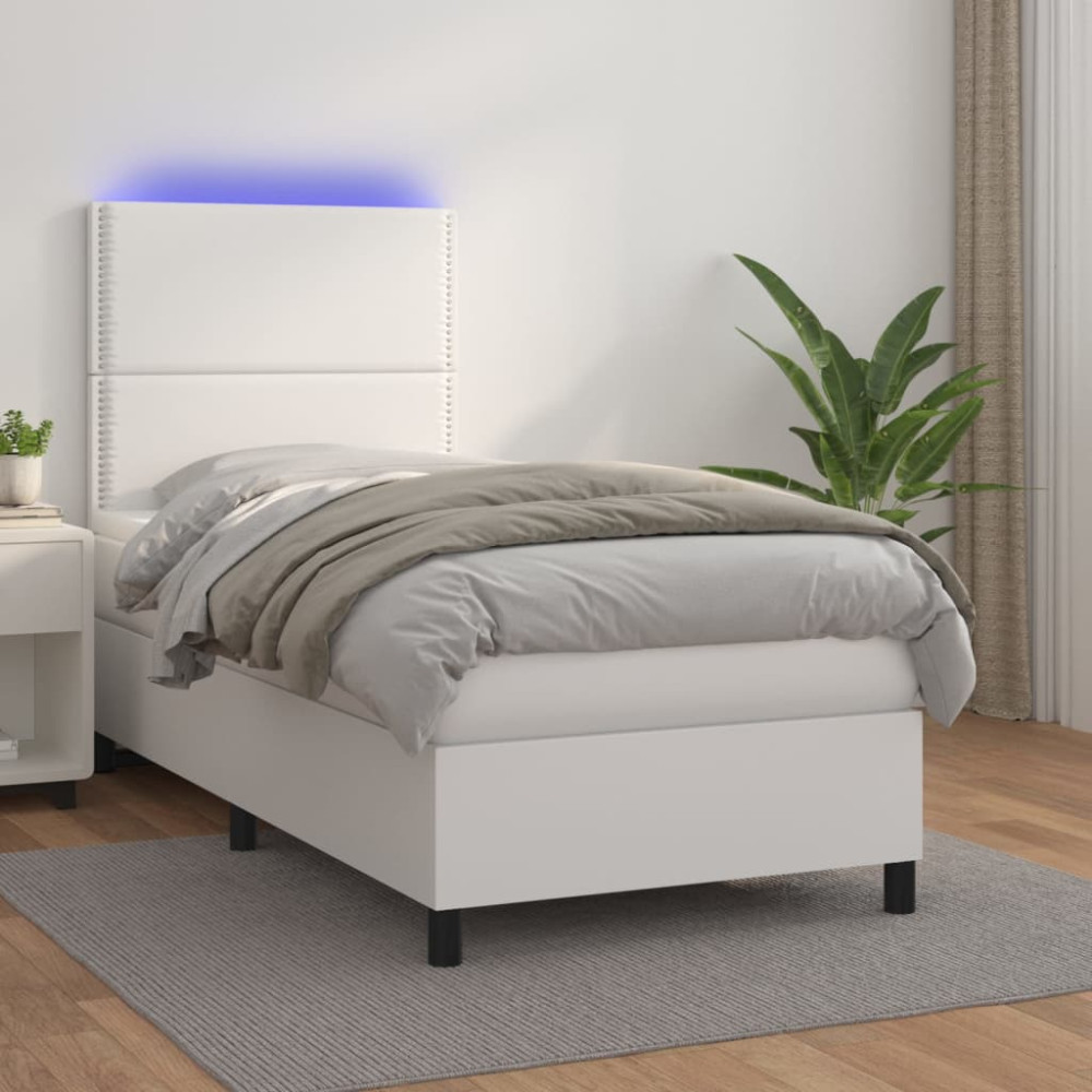 Produktbild för Ramsäng med madrass & LED vit 100x200 cm konstläder