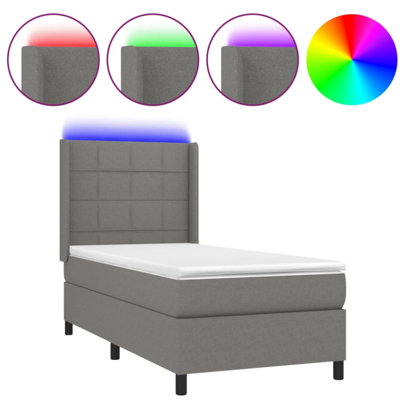Produktbild för Ramsäng med madrass & LED mörkgrå 90x190 cm tyg